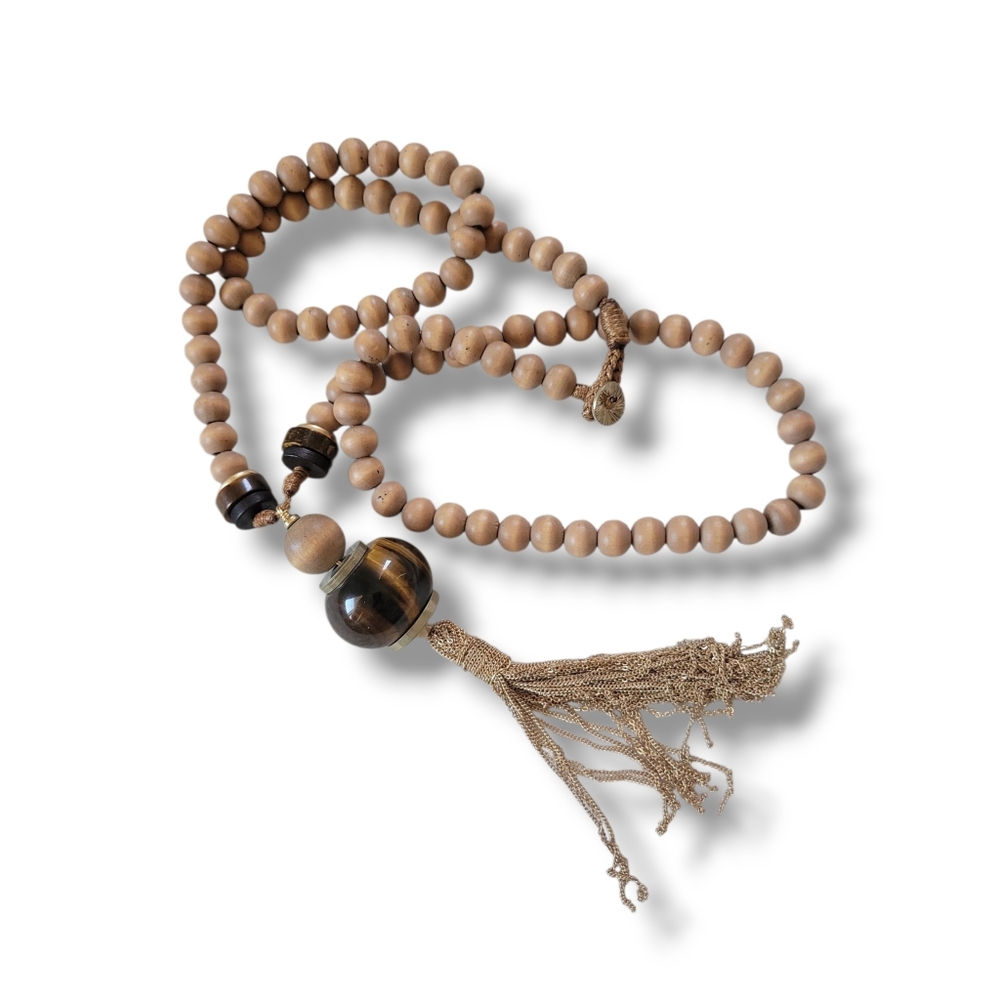 NWOT Gorgeous Long Boho Natural Tiger Eye Wood Beaded Tassel Necklace - Picture 2 of 9